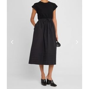 La Ligne T-Shirt Dress With Shirring Elastic Tie-Waist A-Line Pockets Black